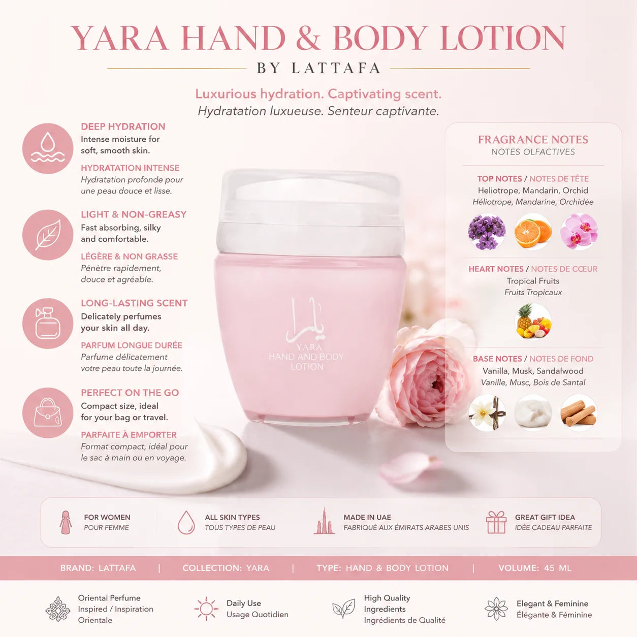 Lattafa Yara Loción Corporal y de Manos 45 ml - Hidratante, Fragancia Oriental Floral, Cuidado Suave de la Piel