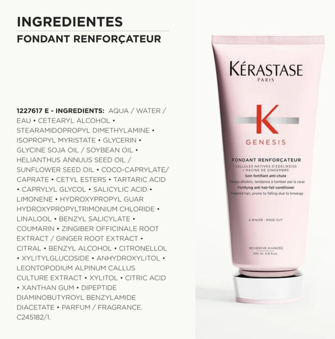 Kérastase Genesis Fondant Renforçateur Acondicionador 75 ml o 200 ml, fórmula ligera anticaída por rotura para cabello fino, hidratación profunda y reduce la rotura hasta un 97%, sin sulfatos ni siliconas para un cabello sano y brillante.