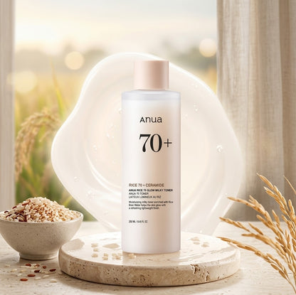 Anua Tóner Lechoso Arroz 70 Glow – Agua de Arroz, Niacinamida y Esencia Facial – Hidratante, Antigranos y Poros – 250ml