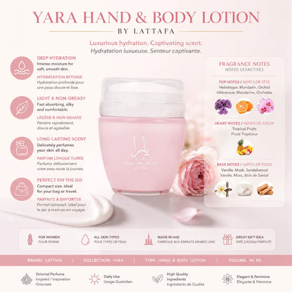 Lattafa Yara Loción Corporal y de Manos 45 ml - Hidratante, Fragancia Oriental Floral, Cuidado Suave de la Piel