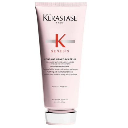 Kérastase Genesis Fondant Renforçateur Acondicionador 75 ml o 200 ml, fórmula ligera anticaída por rotura para cabello fino, hidratación profunda y reduce la rotura hasta un 97%, sin sulfatos ni siliconas para un cabello sano y brillante.