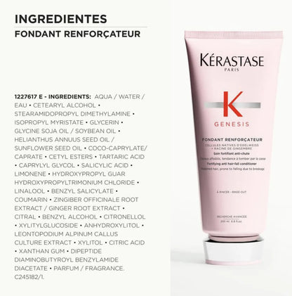 Kérastase Genesis Fondant Renforçateur Acondicionador 75 ml o 200 ml, fórmula ligera anticaída por rotura para cabello fino, hidratación profunda y reduce la rotura hasta un 97%, sin sulfatos ni siliconas para un cabello sano y brillante.
