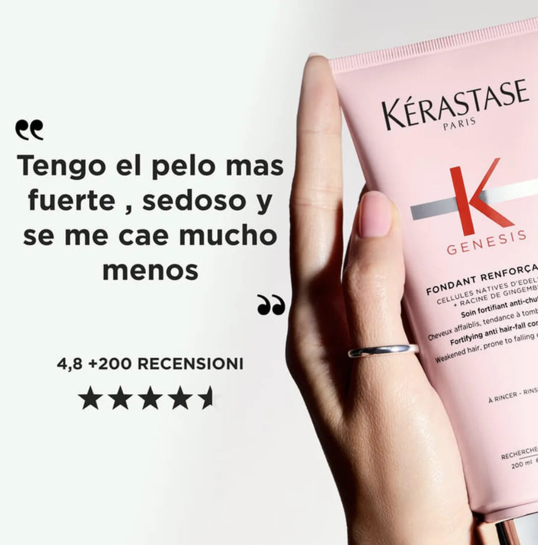 Kérastase Genesis Fondant Renforçateur Acondicionador 75 ml o 200 ml, fórmula ligera anticaída por rotura para cabello fino, hidratación profunda y reduce la rotura hasta un 97%, sin sulfatos ni siliconas para un cabello sano y brillante.