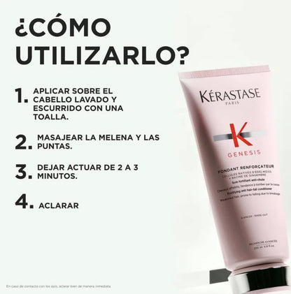 Kérastase Genesis Fondant Renforçateur Acondicionador 75 ml o 200 ml, fórmula ligera anticaída por rotura para cabello fino, hidratación profunda y reduce la rotura hasta un 97%, sin sulfatos ni siliconas para un cabello sano y brillante.