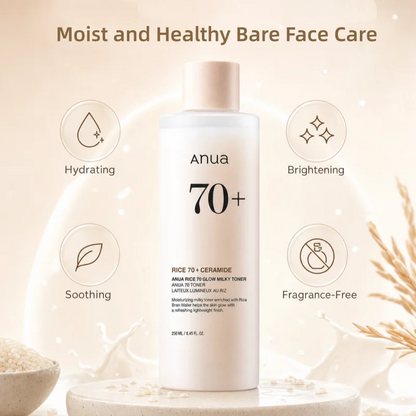 Anua Tóner Lechoso Arroz 70 Glow – Agua de Arroz, Niacinamida y Esencia Facial – Hidratante, Antigranos y Poros – 250ml