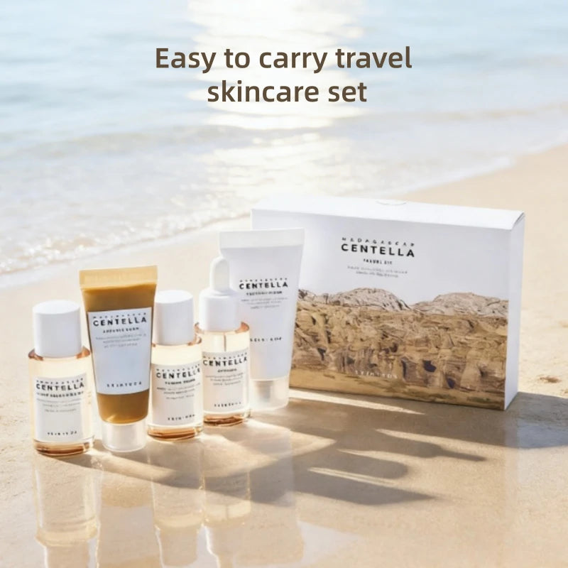 Kit de Viaje Coreano Centella – Tóner, Ampólla, Crema Calmante, Espuma y Aceite Limpiador – Set Miniatura 5 piezas
