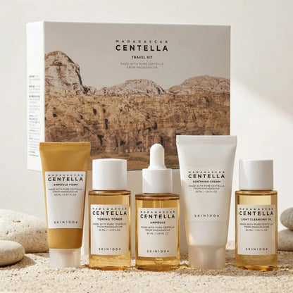 Kit de Viaje Coreano Centella – Tóner, Ampólla, Crema Calmante, Espuma y Aceite Limpiador – Set Miniatura 5 piezas