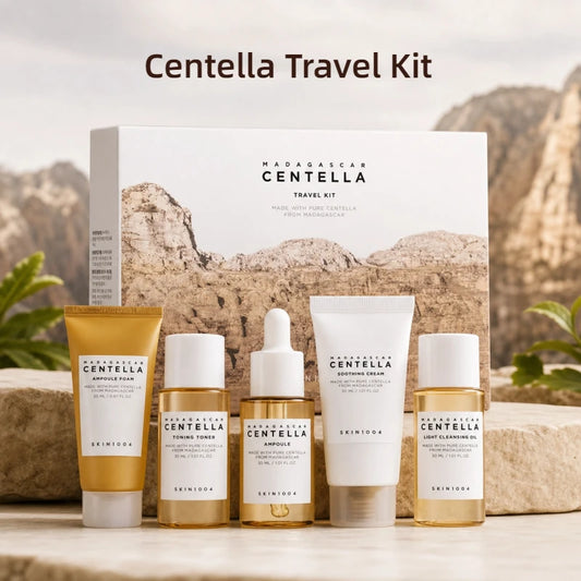 Kit de Viaje Coreano Centella – Tóner, Ampólla, Crema Calmante, Espuma y Aceite Limpiador – Set Miniatura 5 piezas