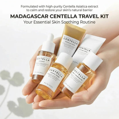 Kit de Viaje Coreano Centella – Tóner, Ampólla, Crema Calmante, Espuma y Aceite Limpiador – Set Miniatura 5 piezas