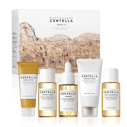 Kit de Viaje Coreano Centella – Tóner, Ampólla, Crema Calmante, Espuma y Aceite Limpiador – Set Miniatura 5 piezas