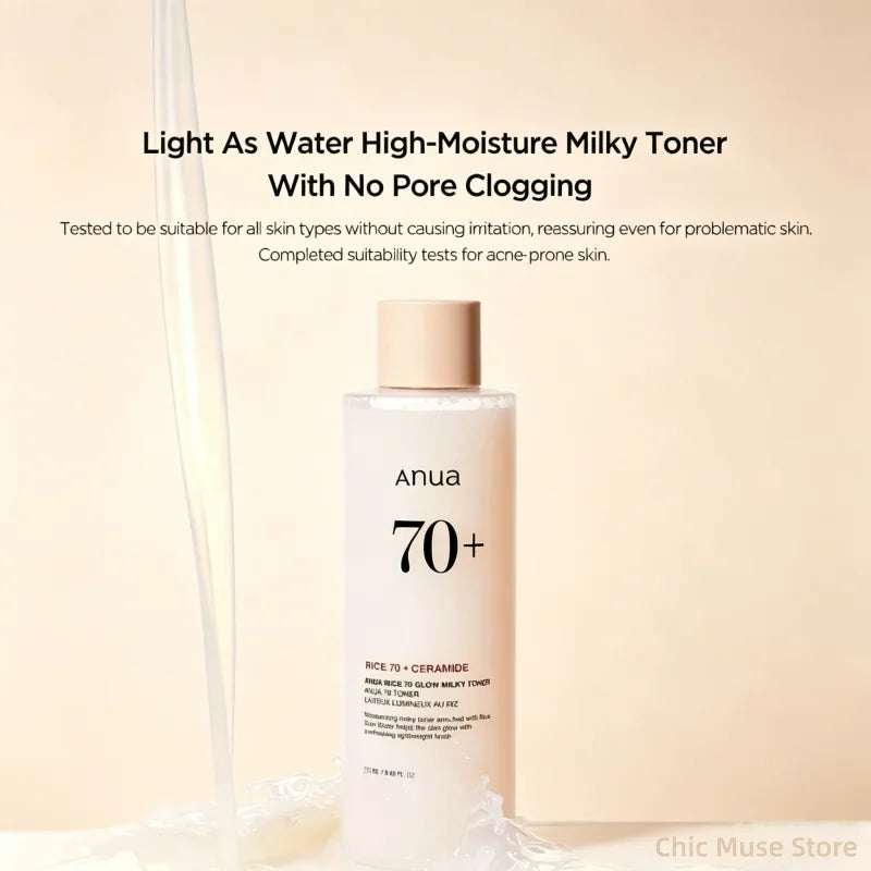 Anua Tóner Lechoso Arroz 70 Glow – Agua de Arroz, Niacinamida y Esencia Facial – Hidratante, Antigranos y Poros – 250ml