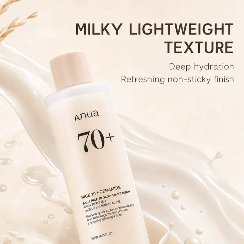 Anua Tóner Lechoso Arroz 70 Glow – Agua de Arroz, Niacinamida y Esencia Facial – Hidratante, Antigranos y Poros – 250ml