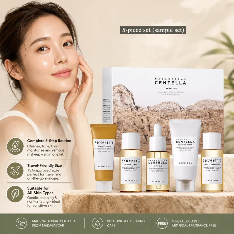 Kit de Viaje Coreano Centella – Tóner, Ampólla, Crema Calmante, Espuma y Aceite Limpiador – Set Miniatura 5 piezas