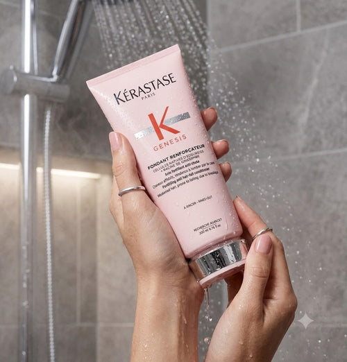 Kérastase Genesis Fondant Renforçateur Acondicionador 75 ml o 200 ml, fórmula ligera anticaída por rotura para cabello fino, hidratación profunda y reduce la rotura hasta un 97%, sin sulfatos ni siliconas para un cabello sano y brillante.