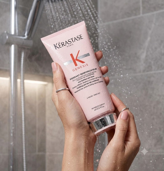 Kérastase Genesis Fondant Renforçateur Acondicionador 75 ml o 200 ml, fórmula ligera anticaída por rotura para cabello fino, hidratación profunda y reduce la rotura hasta un 97%, sin sulfatos ni siliconas para un cabello sano y brillante.